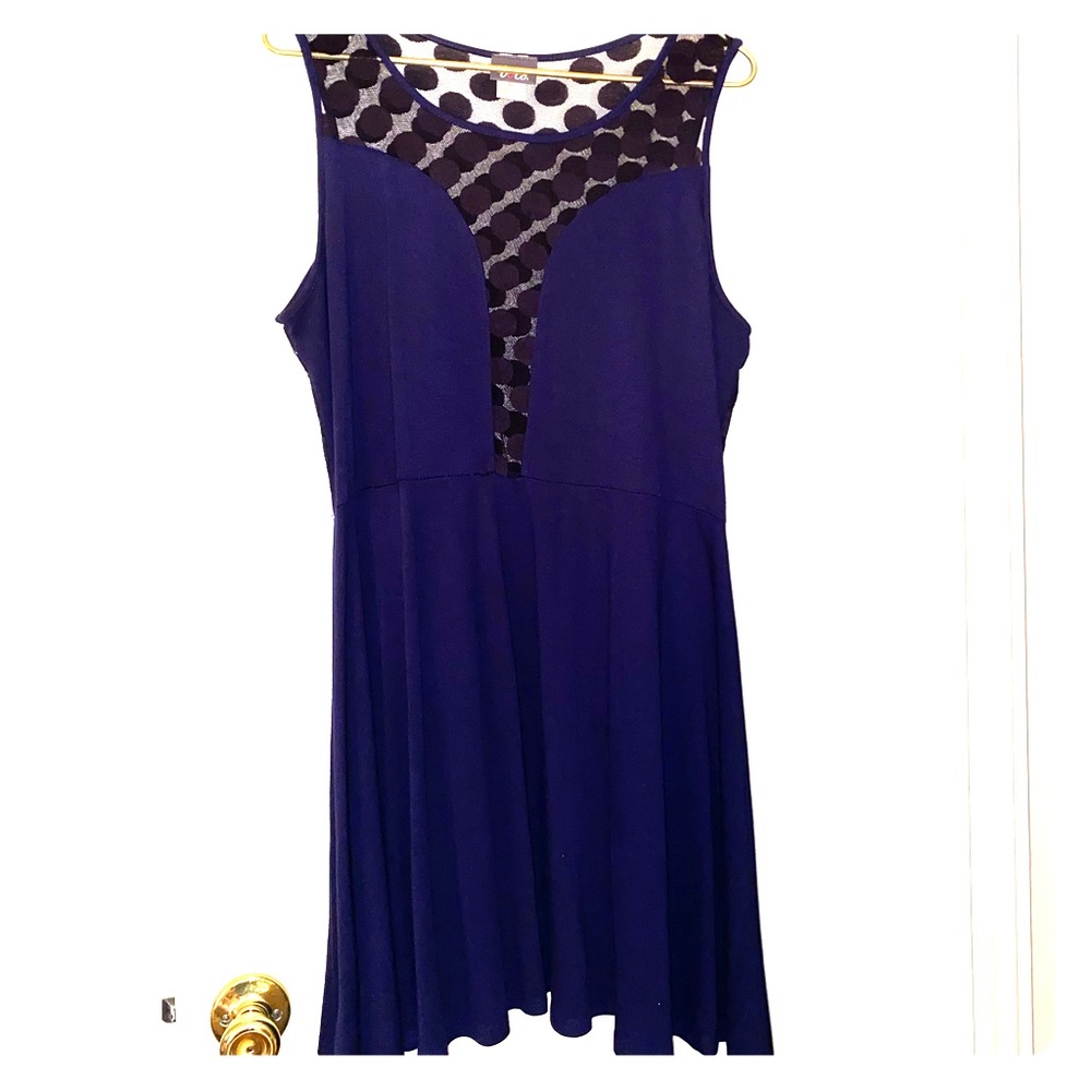 Navy Blue Skater Dress with Black Polka Dot Mesh